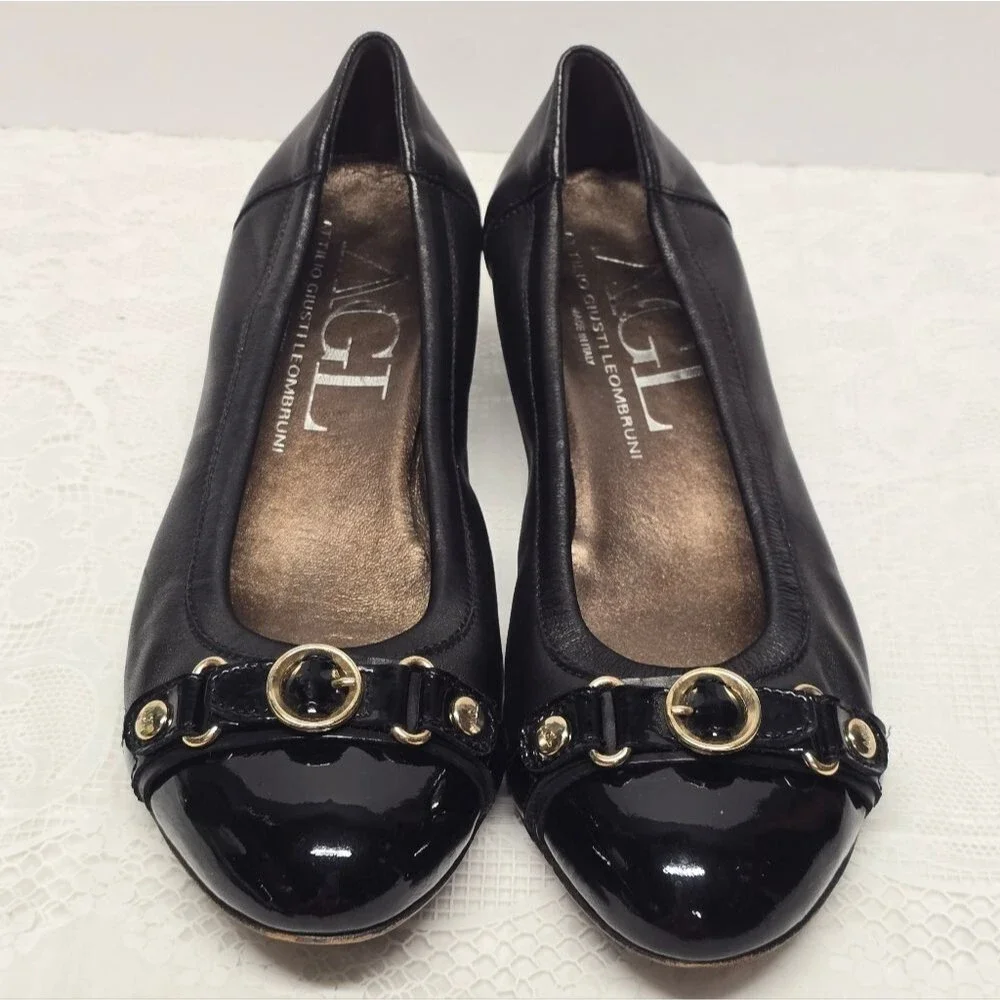 AGL Attilio Giusti Leombruni Women's Italian Black Leather Wedge Ballet Shoes 7